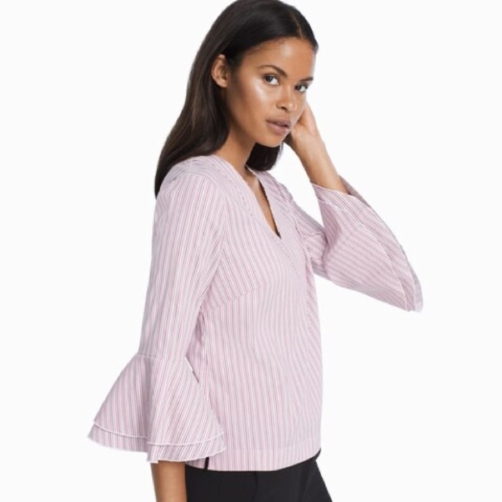 WHBM Carmen Stripe Bell Sleeve Top White Pink Sz 6